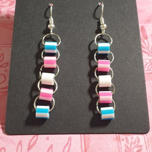 Trans Pride Flag Chain Link Drop Earrings Baby Reveal Pink Blue Dangle Women - Picture 2 of 4